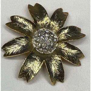 Vintage Gold-Tone Flower Brooch Pin with Rhinestone Pavé Center
